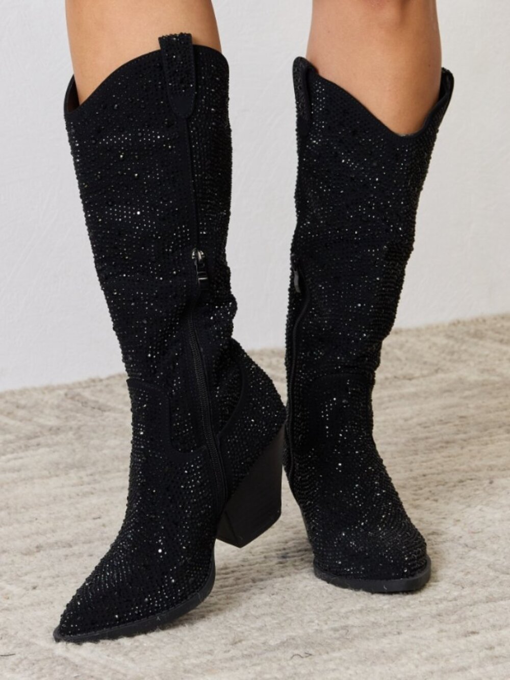 Black Rhinestone Knee High Cowboy Boots | Pointed Toe Western